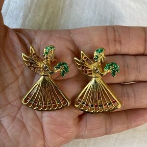 Pair of Angels Vintage Pins Brooch Red & Green‎ Rhinestones Gold Tone
